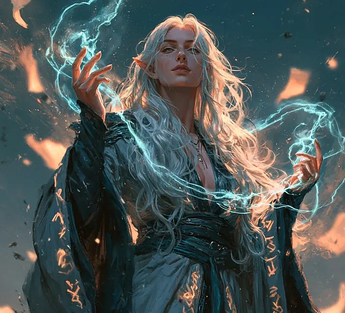 Ilsa Varn, an elven cartographer-mage, drawing a map in light